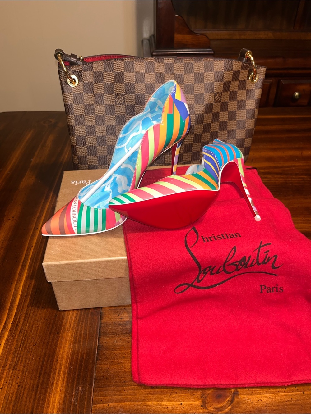 Christian Louboutin Multicolor Striped Pointed-Toe Pumps with Red Sole